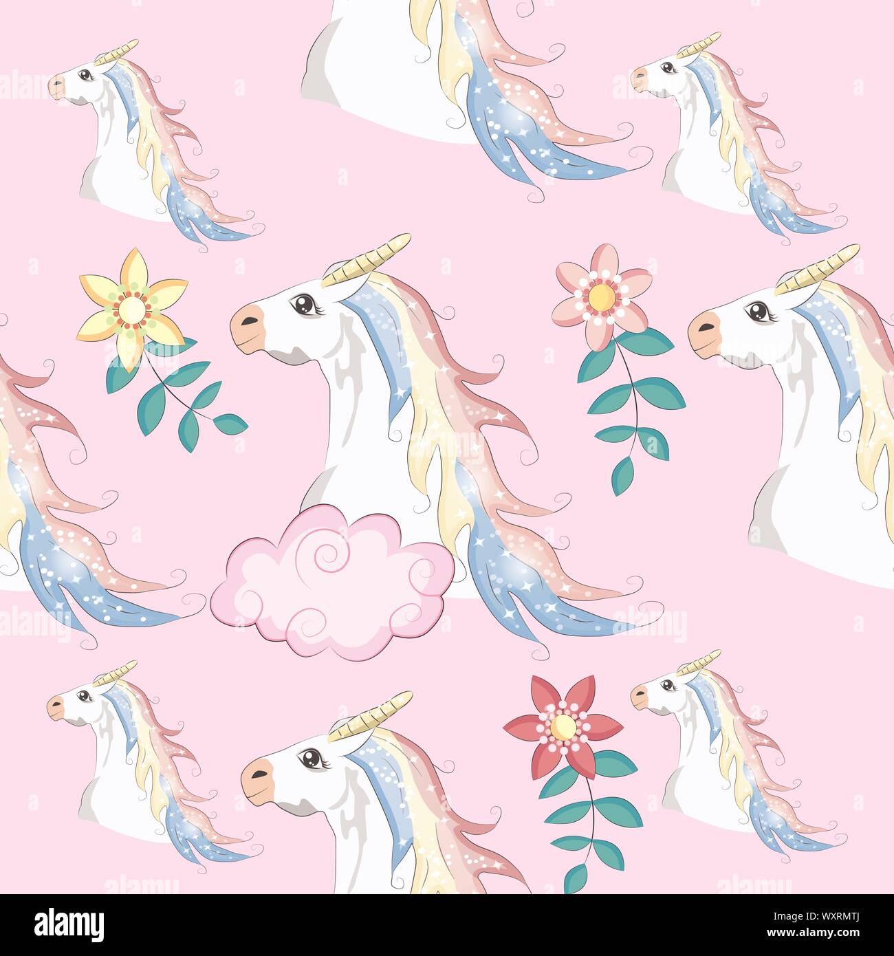 Cute seamless pattern with rainbow unicorns in the clouds Stock Vector ...