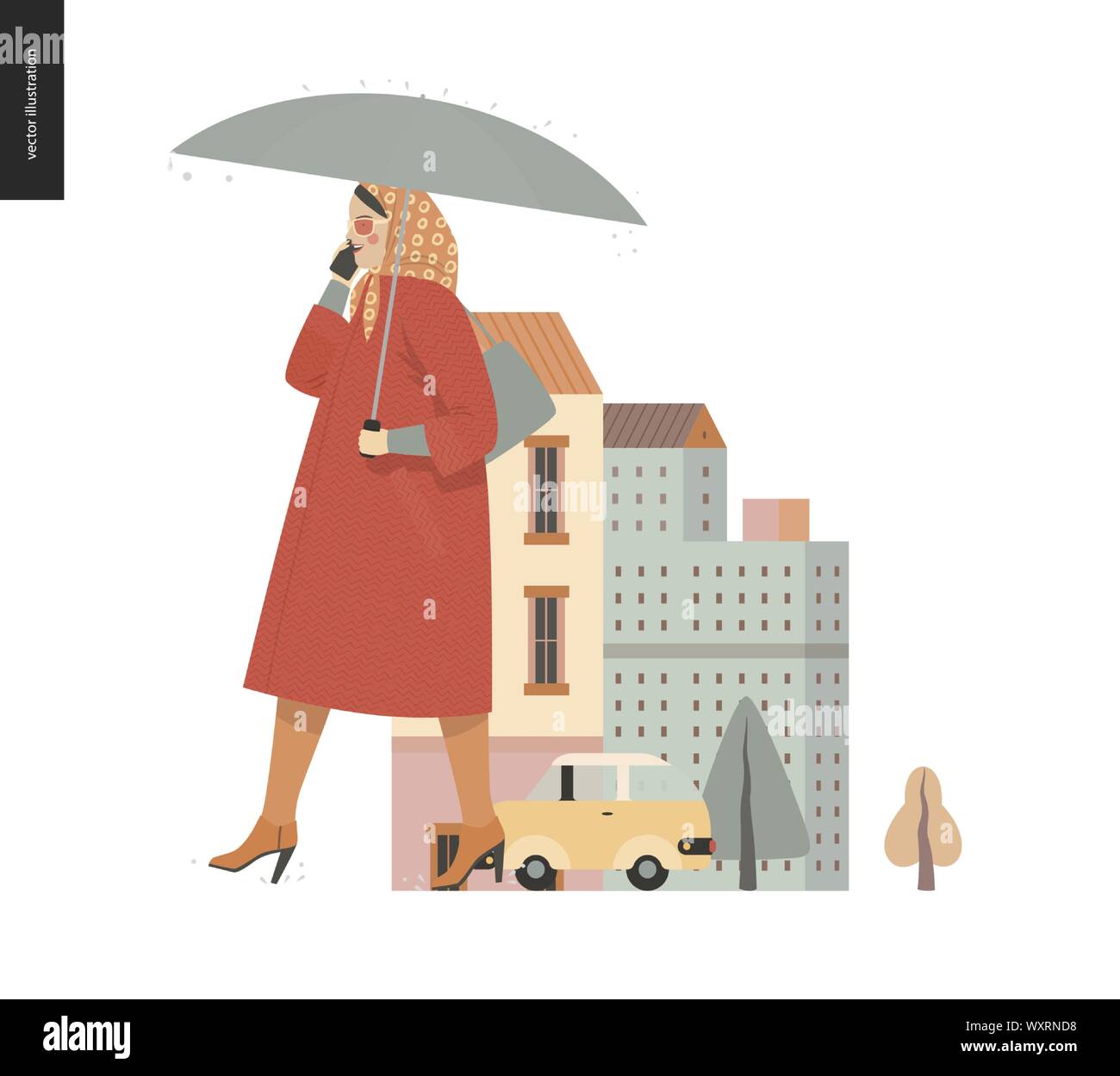 Rain -walking woman -modern flat vector concept illustration, woman wearing coat, kerchief and sunglasses, with umbrella and phone, standing in the ra Stock Vector