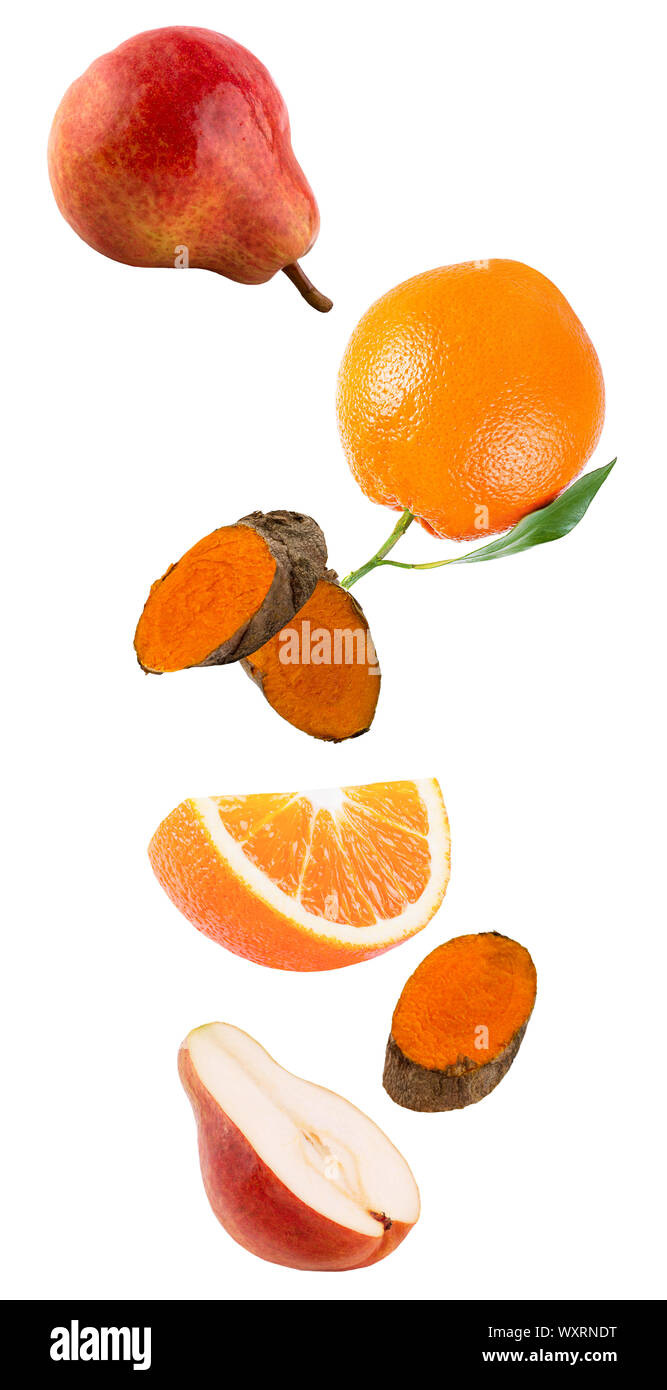 Levitation fresh fruits isolated on white background Stock Photo