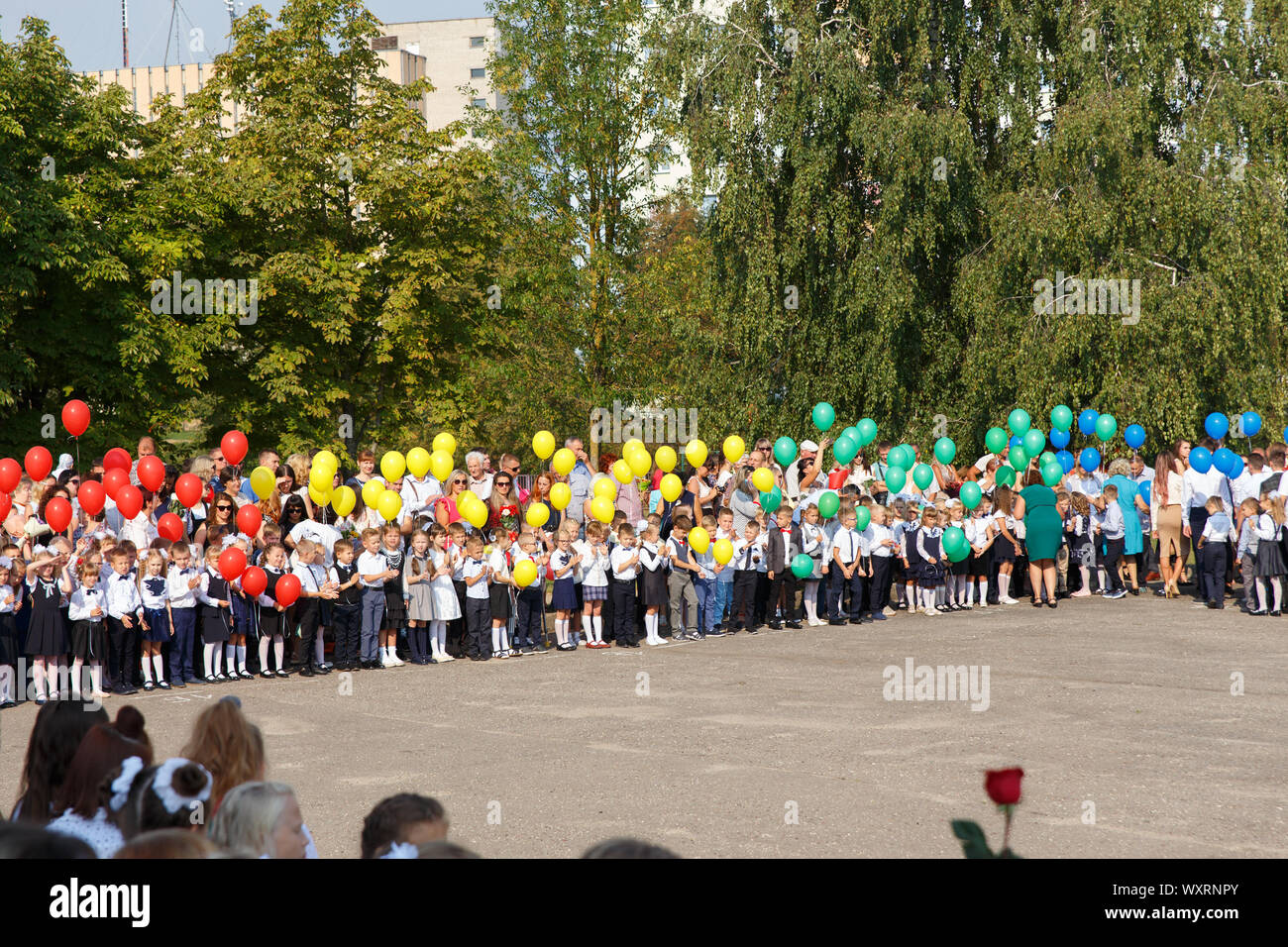 Grodno, Belarus - September 02, 2019: Children go to school for the first time. 1C class lined up to participate in a festive meeting in the 9-th gymn Stock Photo
