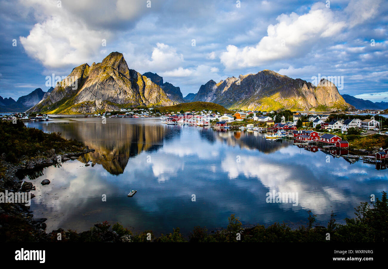 Reine in the Lofoten Islands, Norway. Reflection in still waters Stock Photo