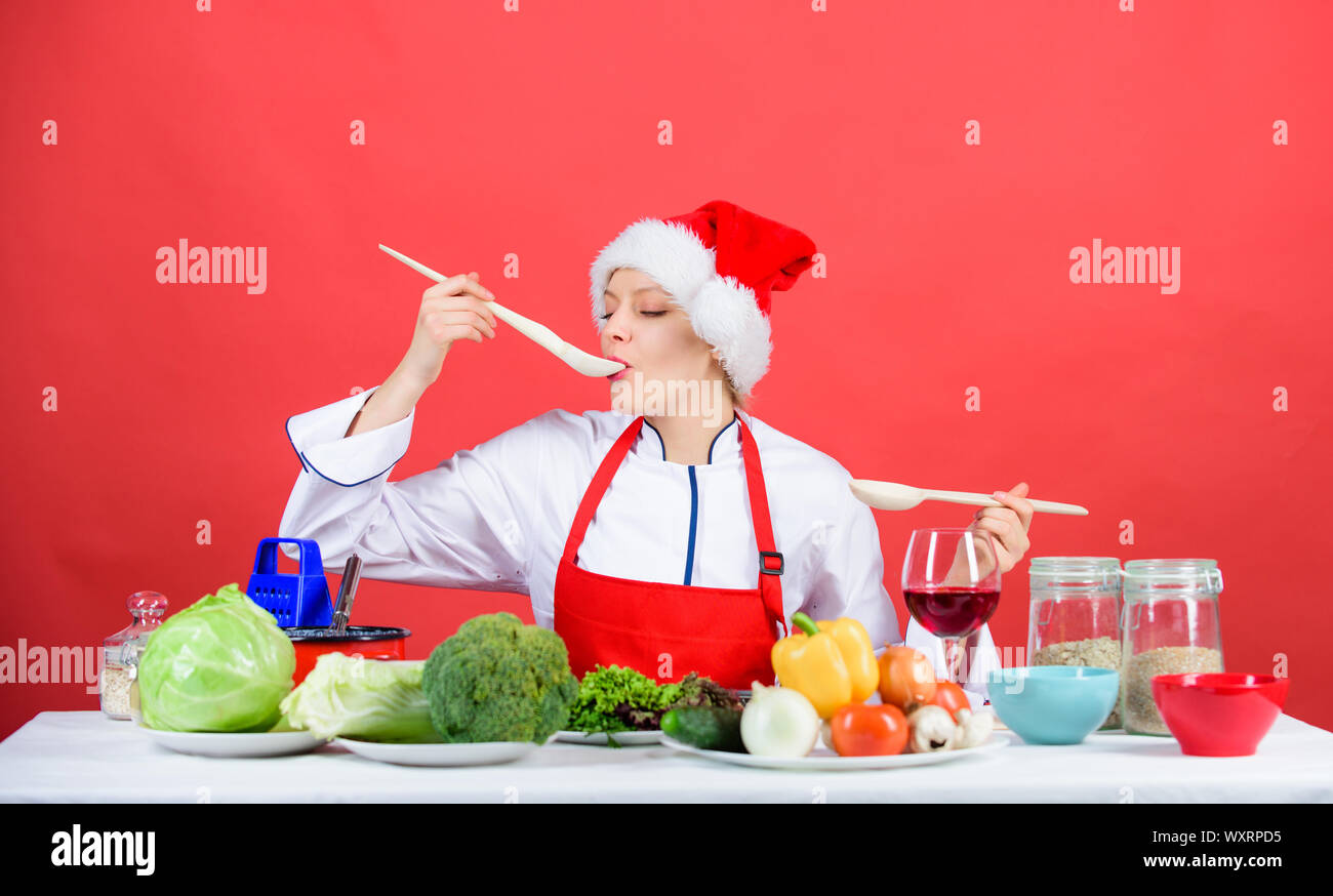 Best Christmas Recipes Christmas Dinner Idea Try Main Meal Easy Ideas For Christmas Party Healthy Christmas Holiday Recipes Festive Menu Concept Woman Chef Santa Hat Cooking Hold Wooden Spoons Stock Photo