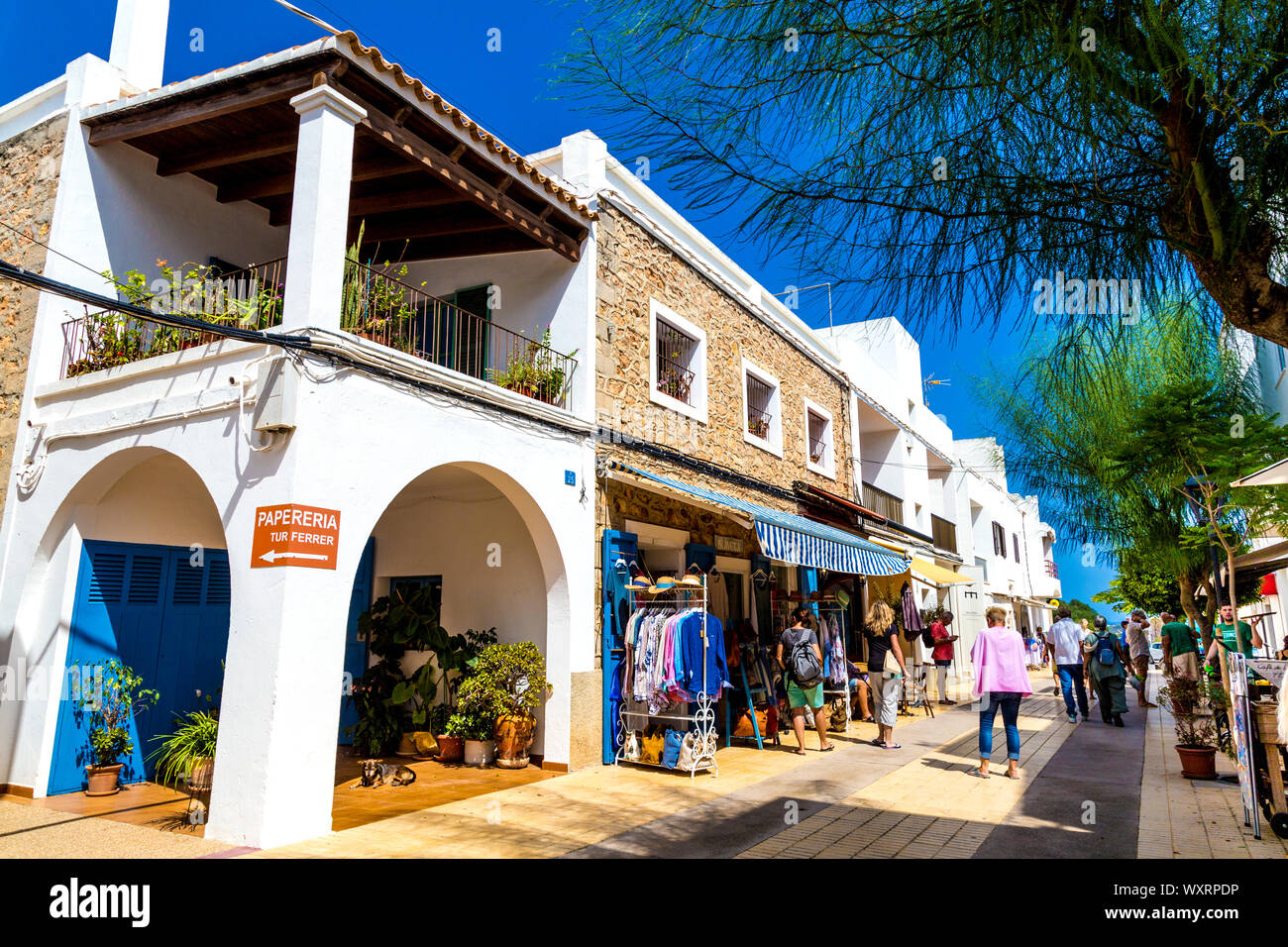 Charming street with shops in Sant Francesc Xavier, Formentera, Balearic Islands, Spain Stock Photo