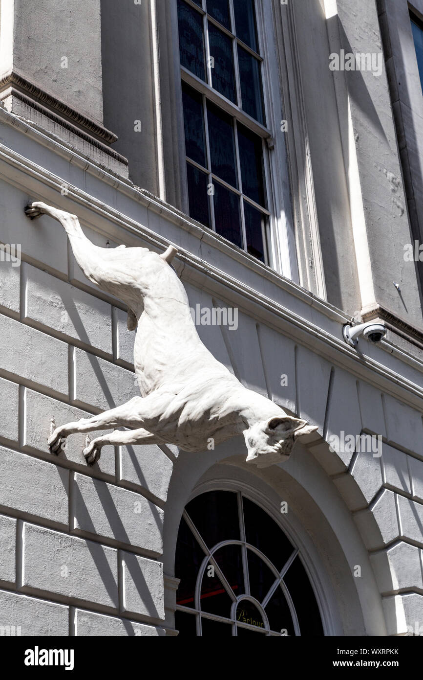 Faceless dog sculpture 'Facade' by Simon Brundret on the facade of Sketch restaurant, London, UK Stock Photo