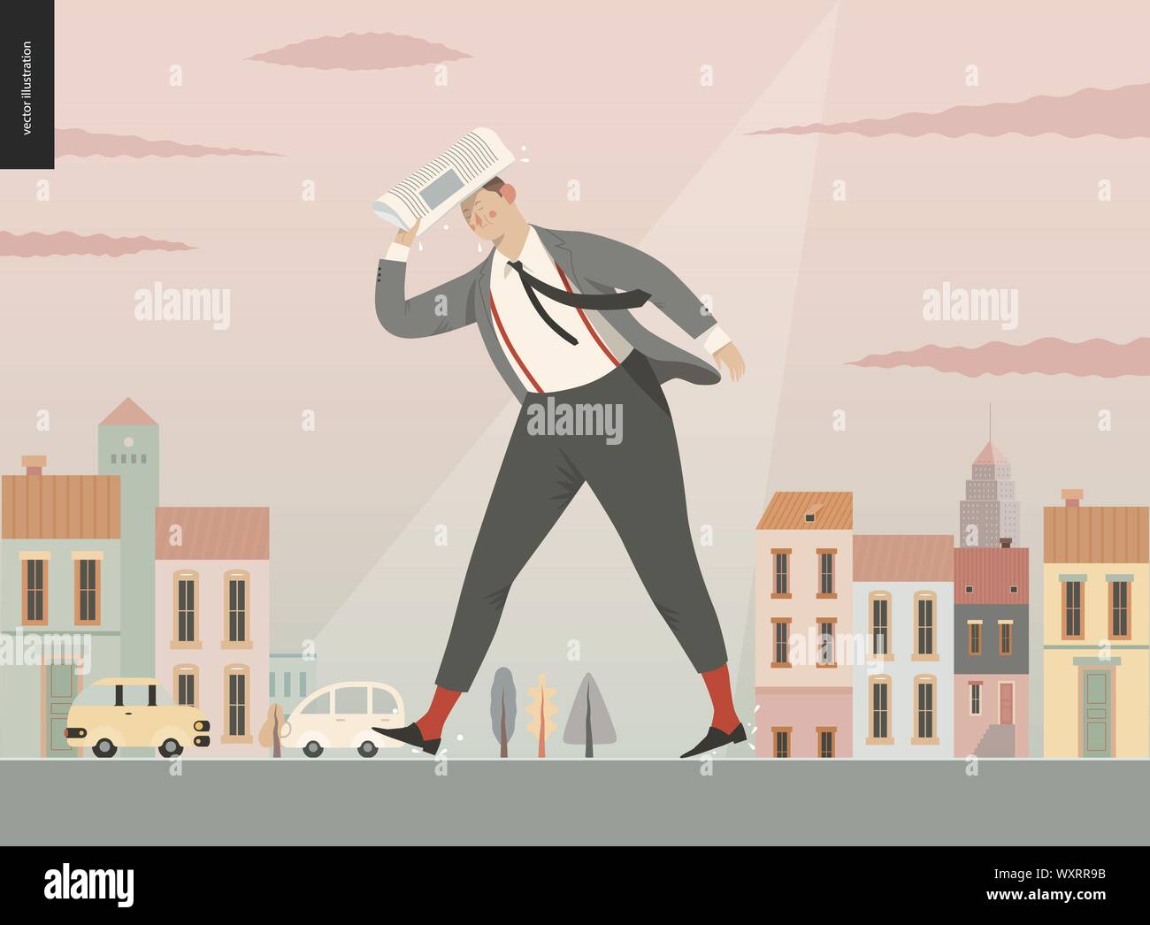 Rain - running businessman -modern flat vector concept illustration of an adult man wearing suit and tie, with a newspaper, running under the rain in Stock Vector