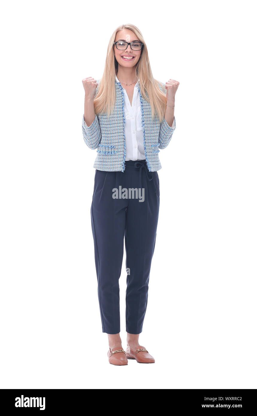 Happy woman standing cheering cute hi-res stock photography and images ...
