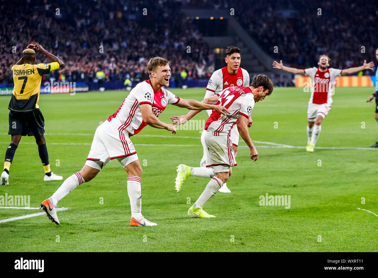 AMSTERDAM, 17-09-2019 JohanCruyff Arena , Champions League Football season 2019 / 2020 . Nico Tagliafico scores 3-0 during the match Ajax - Lille. Stock Photo