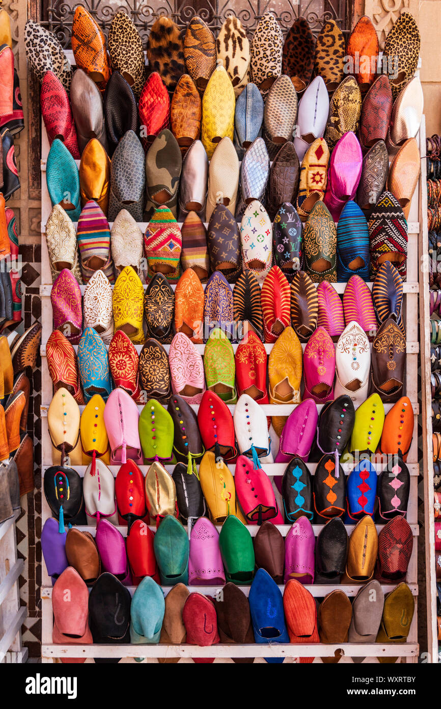 Babouches for sale in the Souks of Marrakech, Morocco, Maghreb, North Africa Stock Photo