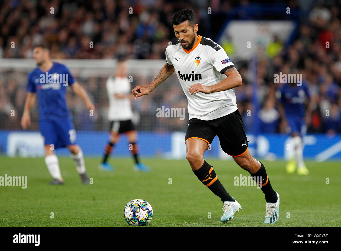 London, UK. 17th Sep, 2019. Ezequiel Garay of Valencia on the ball during the UEFA Champions League group stage match between Chelsea and Valencia at Stamford Bridge, London, England on 17 September 2019. Photo by Carlton Myrie. Editorial use only, license required for commercial use. No use in betting, games or a single club/league/player publications. Credit: UK Sports Pics Ltd/Alamy Live News Stock Photo