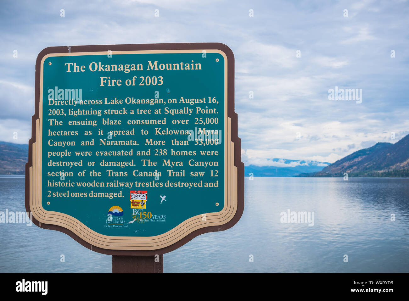 Peachland, British Columbia, Canada - September 8, 2019: close-up of sign on Antlers Beach, remembering the Okanagan Mountain Fire Stock Photo