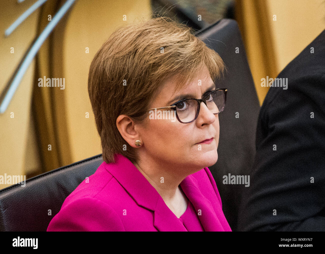 Edinburgh, UK. 12 September 2019. Pictured: Nicola Sturgeon MSP - First Minister of Scotland and Leader of the Scottish National Party (SNP). Weekly session of First Ministers Questions where the SNP and the Health Minister have been under fire for short comings for Edinburgh's new sick kids hospital. Colin Fisher/CDFIMAGES.COM Stock Photo