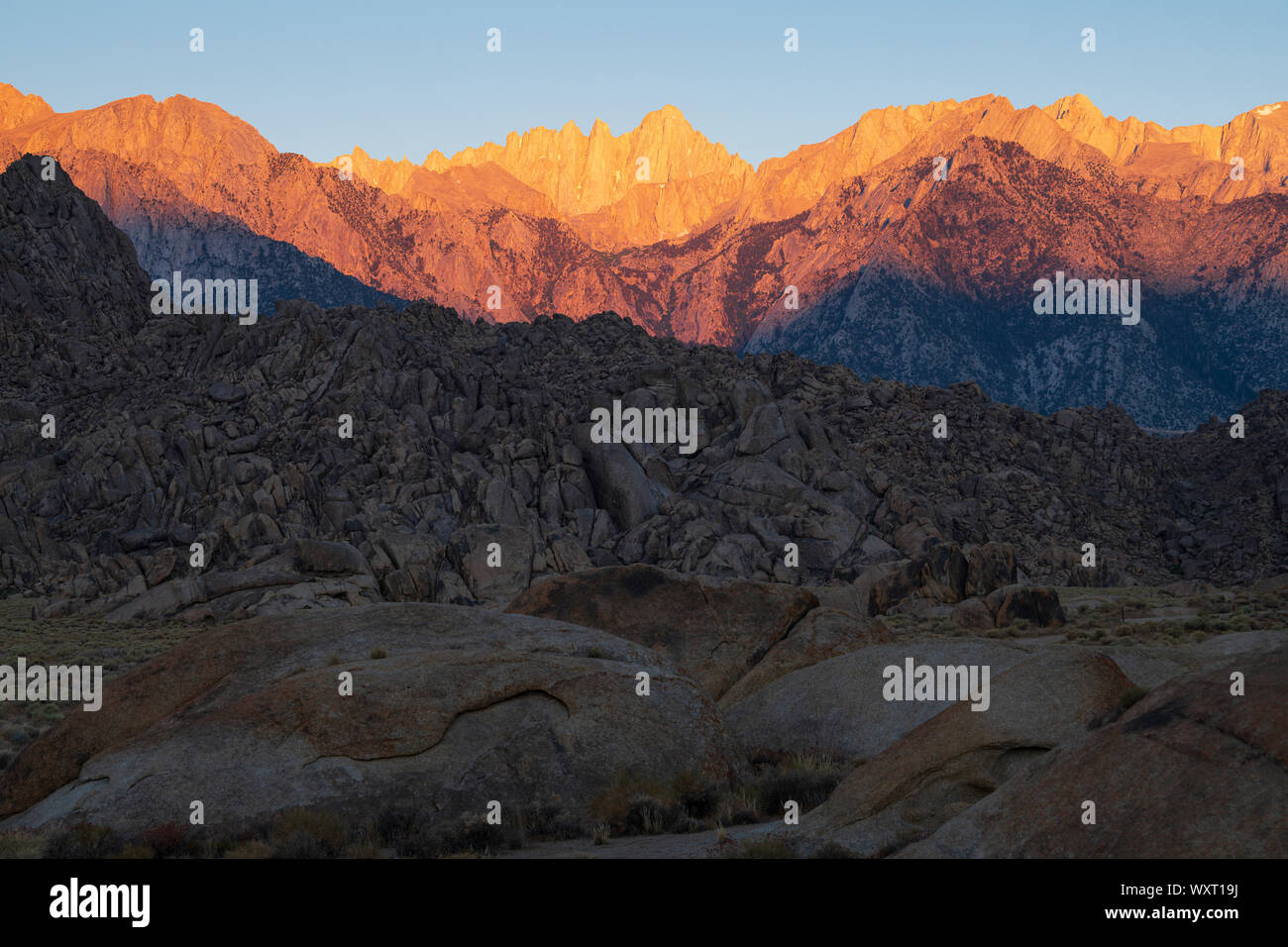 Mt. Whitney at sunrise from Alabama Hills in Lone Pine, California along the scenic Eastern Sierra. Stock Photo