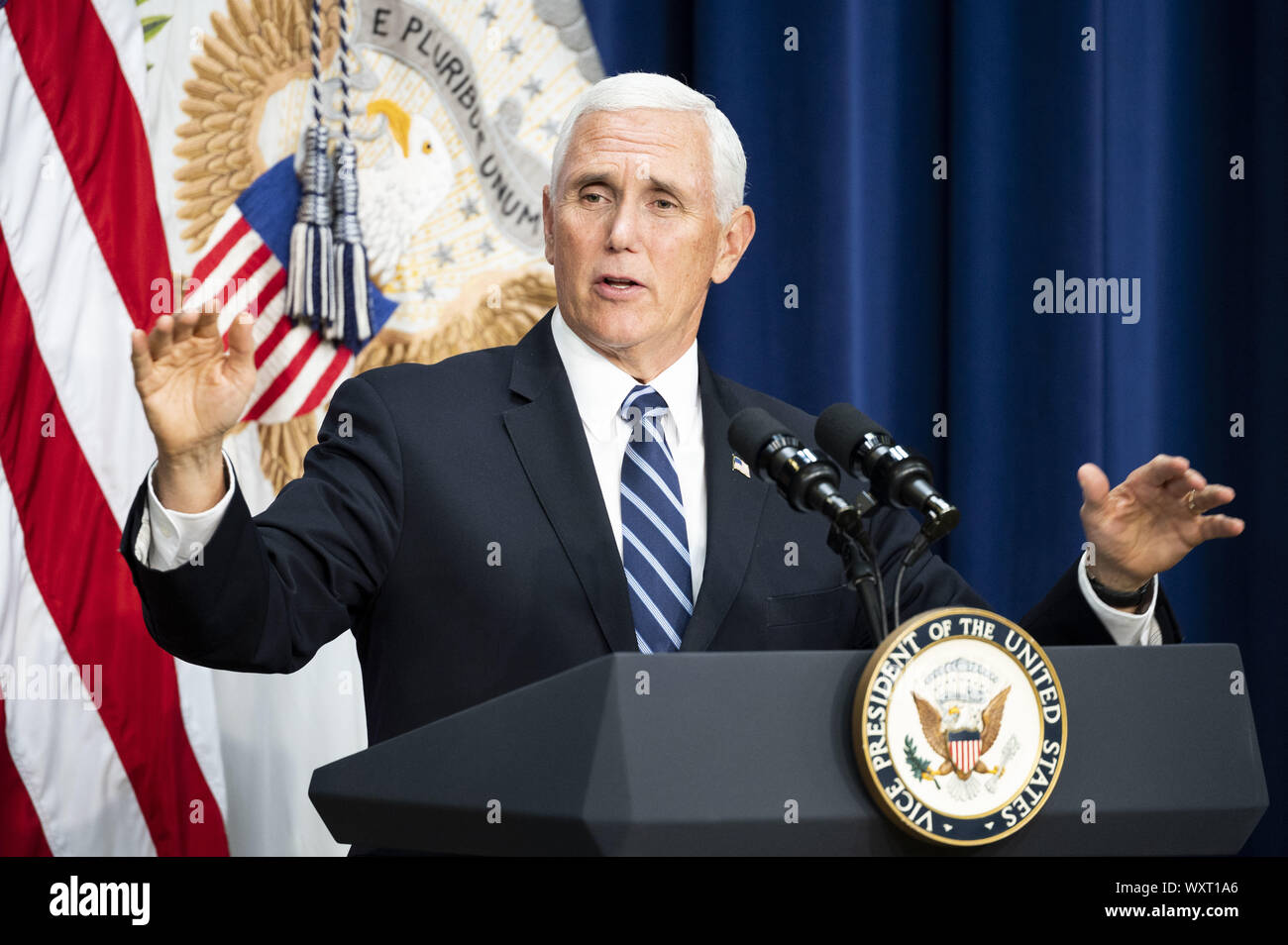 Washington, DC, USA. 17th Sep, 2019. September 17, 2019 - Washington, DC, United States: Vice President MIKE PENCE speaking at a Naturalization Ceremony in the South Court Auditorium at the White House in the Eisenhower Executive Office Building. Credit: Michael Brochstein/ZUMA Wire/Alamy Live News Stock Photo