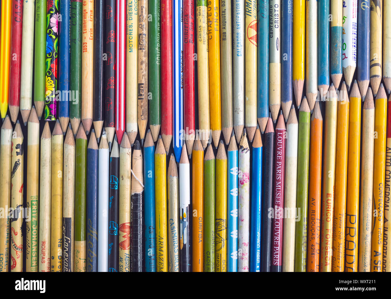 Photo of several old pencils, collection of pencils that no longer exist. Stock Photo