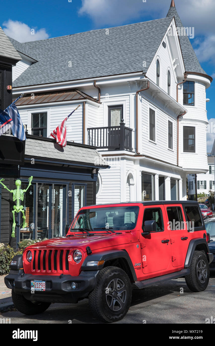 American red Jeep parked by Bar and Restaurant at Manchester-by-the-Sea. Massachusetts, USA Stock Photo