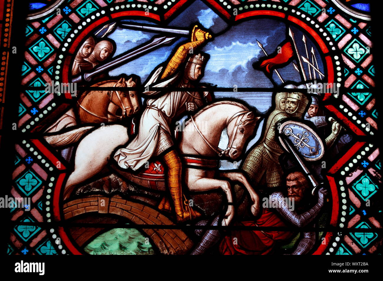 Stained glass window depicting the life of St. Louis (Louis IX), Senlis Cathedral, Senlis, Oise, France, Europe Stock Photo
