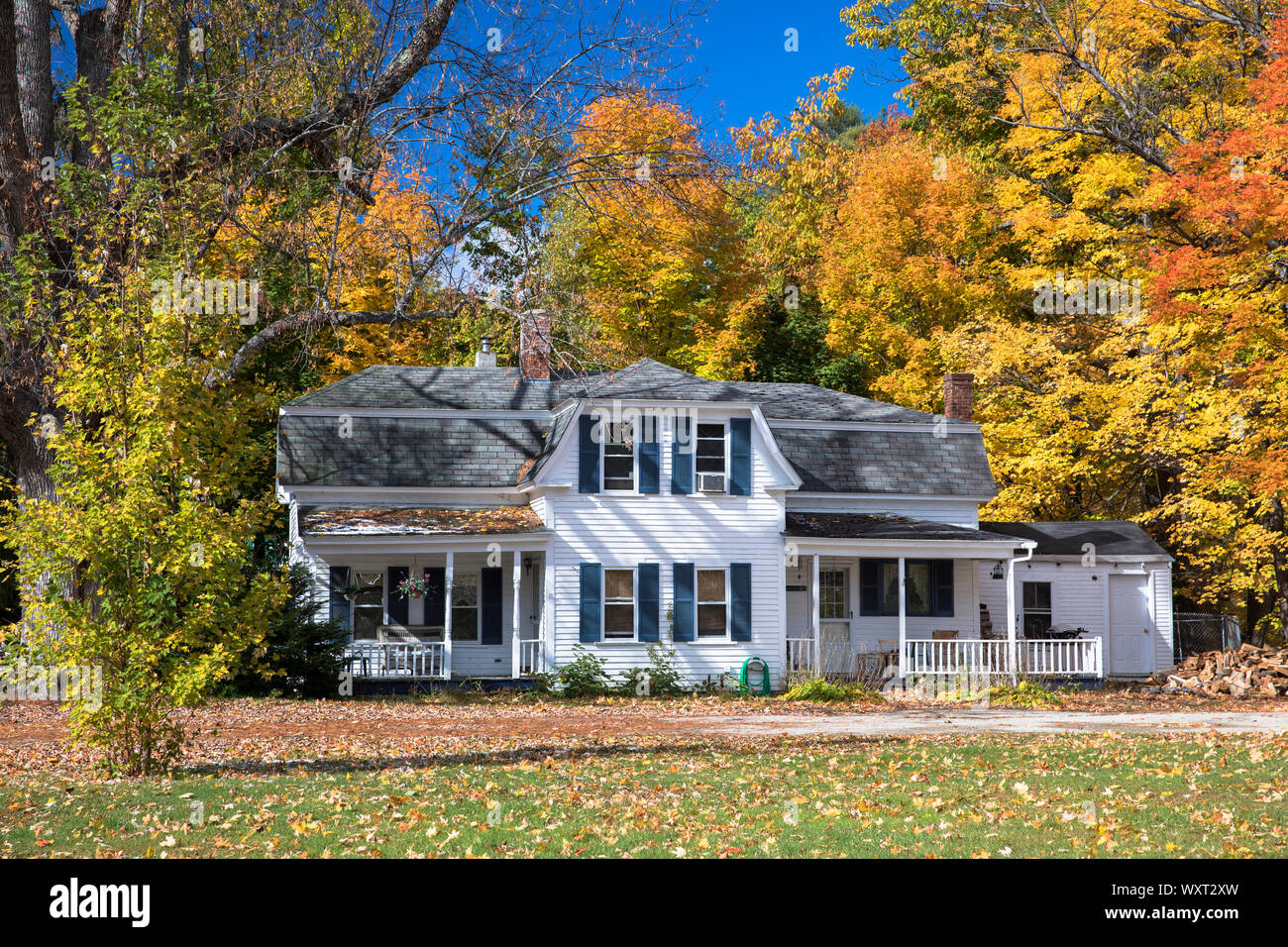 Neat traditional, typical wooden white clapboard house surrounded by Fall foliage, in Conway, New Hampshire, USA Stock Photo