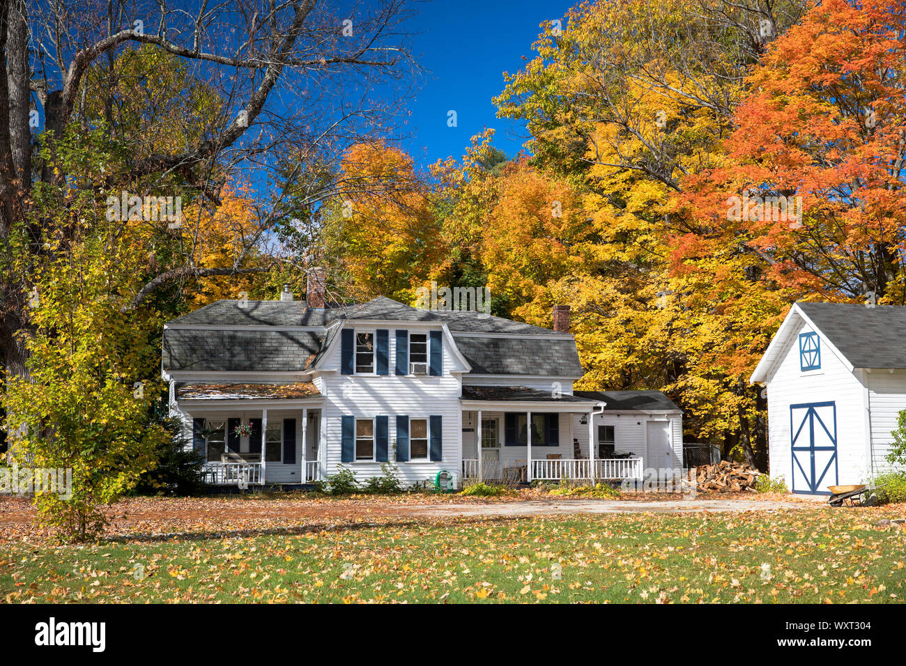Neat traditional, typical wooden white clapboard house surrounded by Fall foliage, in Conway, New Hampshire, USA Stock Photo