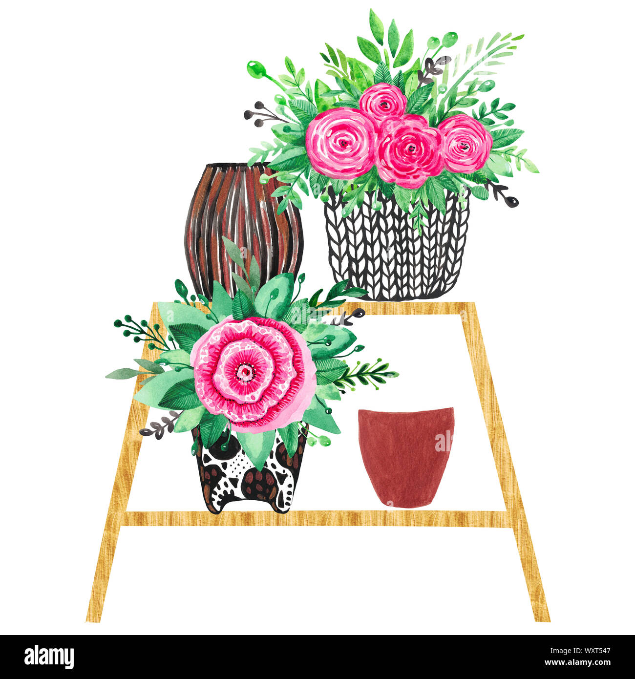 Ceramic pots with blooming flowers and greenery. Illustration of ...
