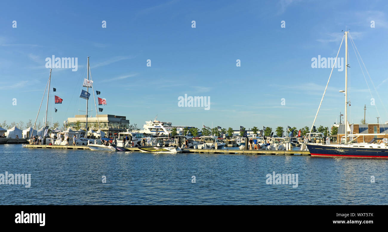 Busy Northcoast Harbor in Cleveland, Ohio, USA during the summer with boat slips filled to capacity. Stock Photo