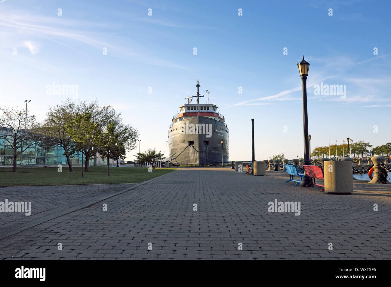 The William G. Mather, a retired Great Lakes bulk freighter, is part of the Great Lakes Science Center in the Cleveland, Ohio Northcoast Harbour. Stock Photo