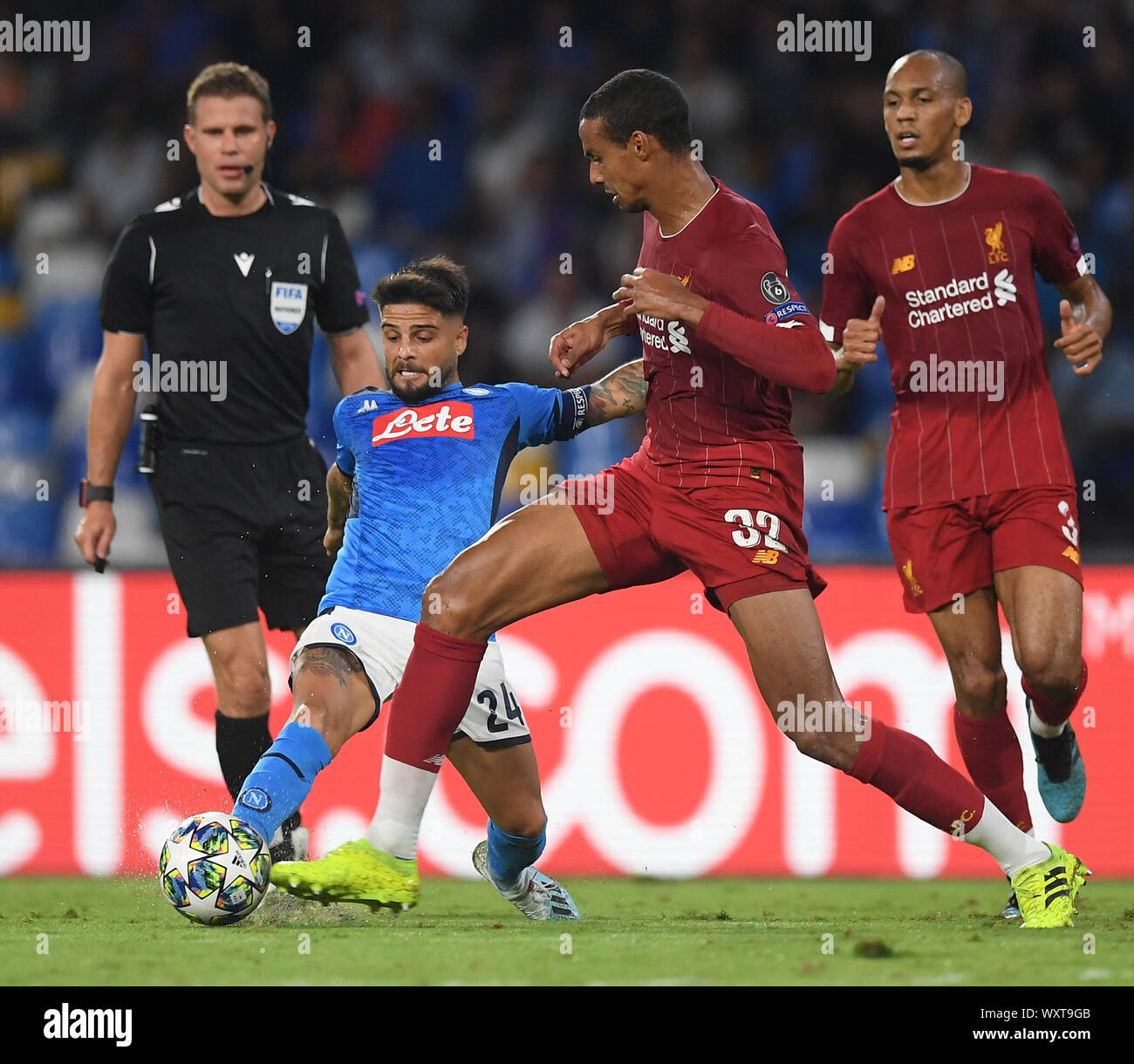 Napoli. 17th Sep, 2019. Napoli's Lorenzo Insigne (2nd L) vies with Liverpool's Joel Matip (2nd R) during the UEFA Champions League Group E match in Napoli, Italy, Sept.17, 2019. Credit: Alberto Lingria/Xinhua/Alamy Live News Stock Photo