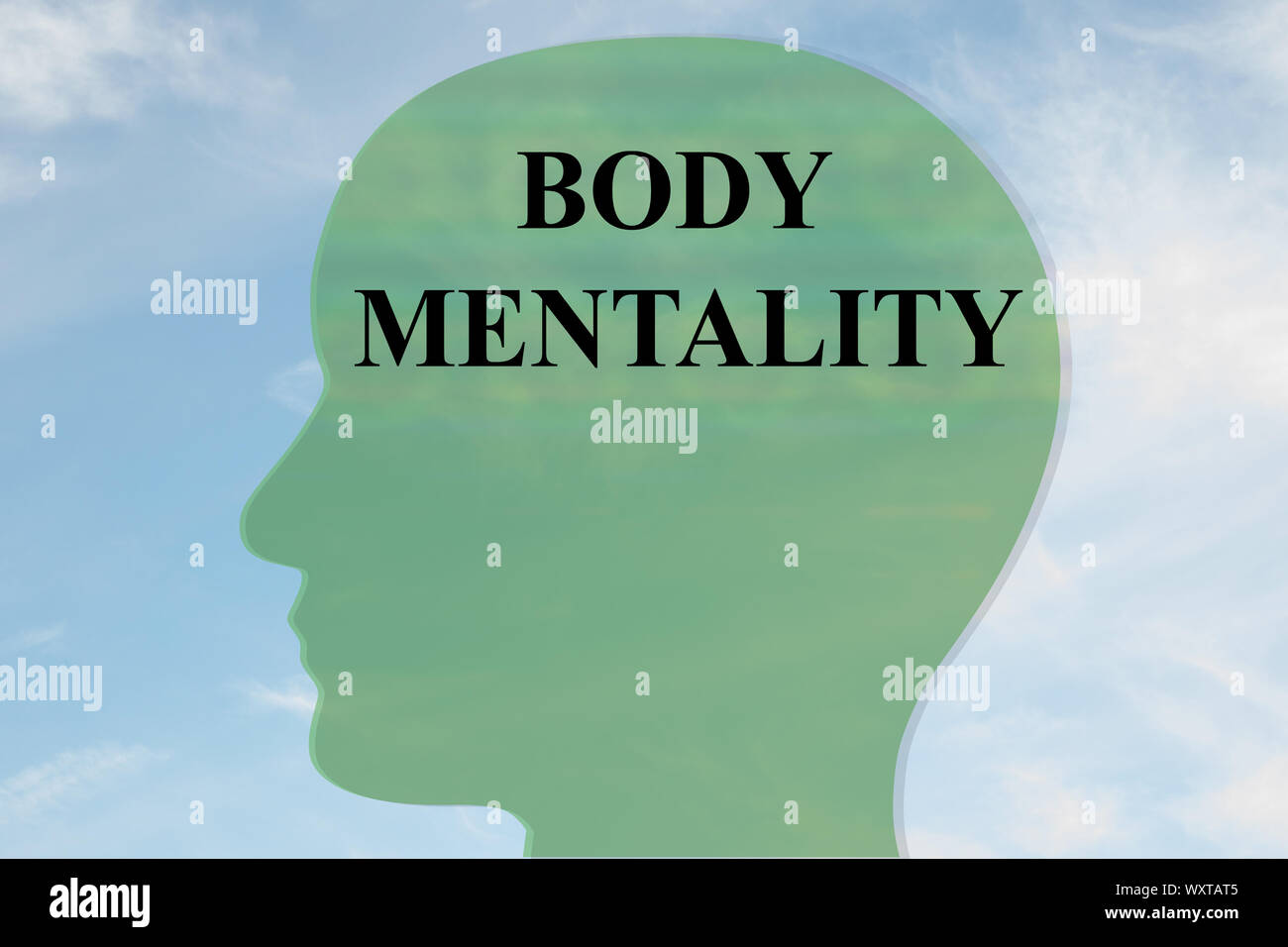 Render illustration of BODY MENTALITY title on head silhouette, with cloudy sky as a background. Stock Photo