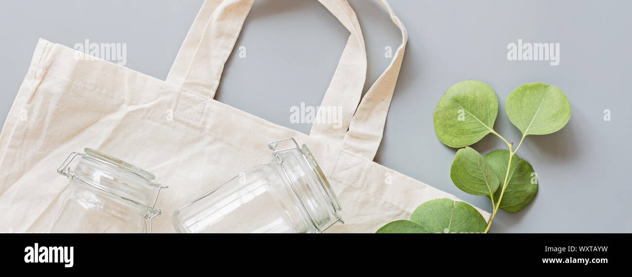 eco bag and glasses pot flat lay on gray background. Banner for web design.  sustainable lifestyle concept. zero waste, plastic free items. stop Stock  Photo - Alamy