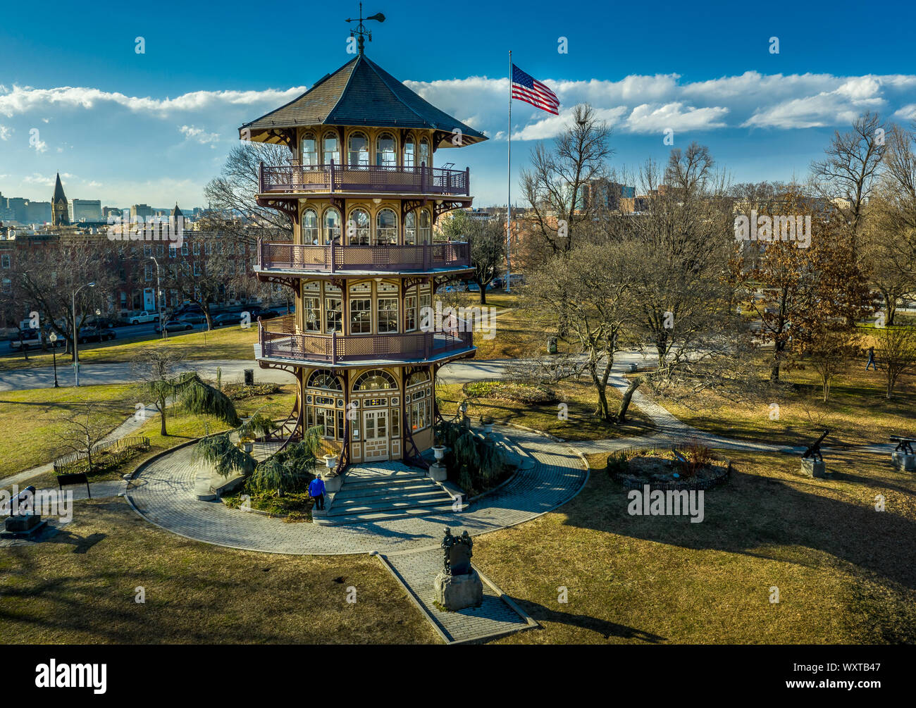 Patterson Park Pagoda During Winter in Baltimore, Maryland, USA with American Flag Stock Photo