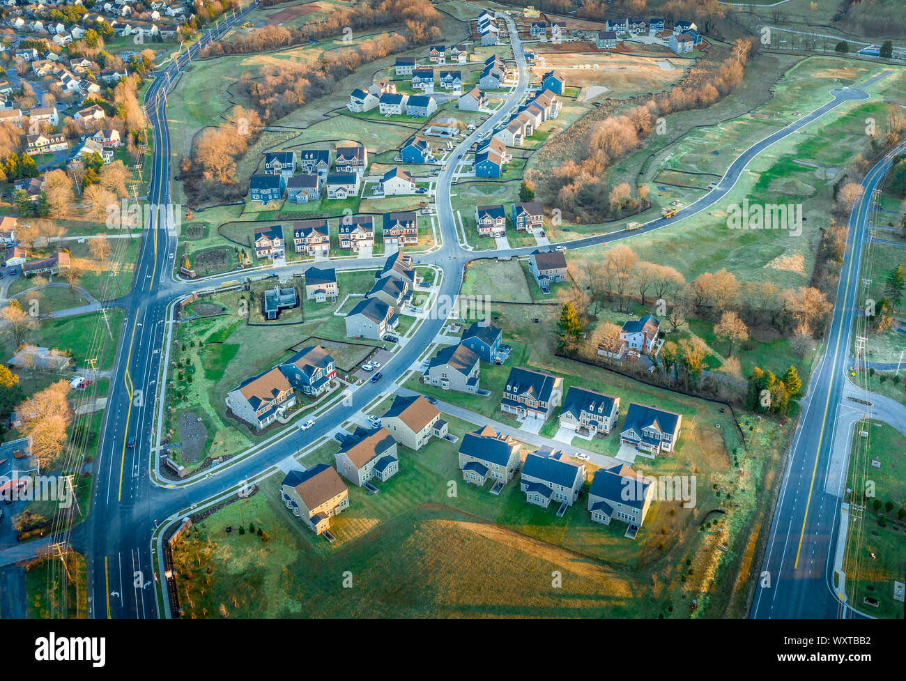 Aerial landscape of typical American new construction neighborhood in