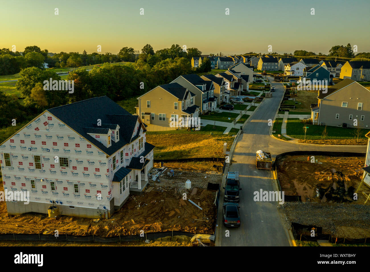 Aerial view of typical American new construction neighborhood street in Maryland for the upper middle class, single family homes USA real estate Stock Photo