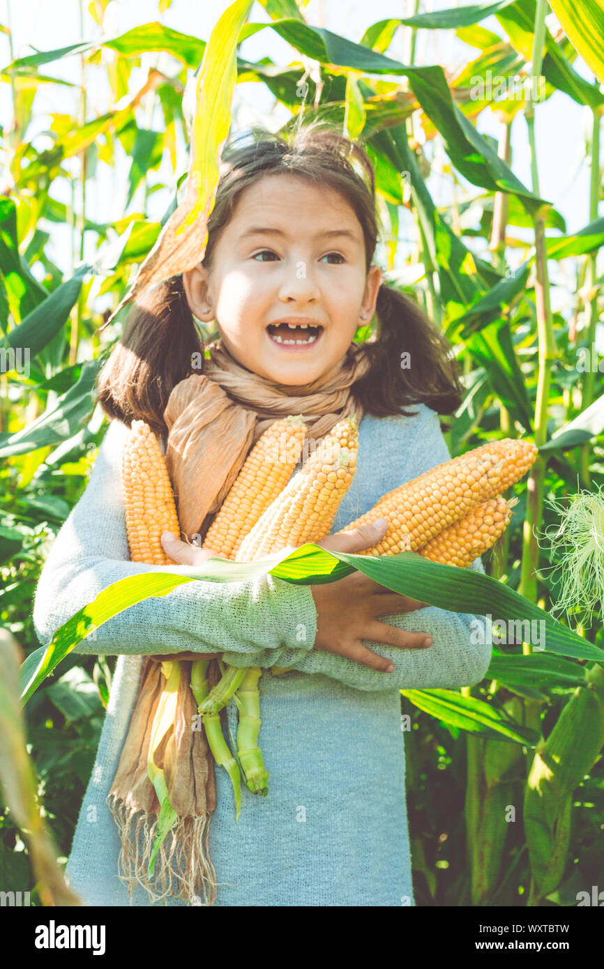 Young happy farmer girl stands on a corn field and holds a corn harvest Stock Photo