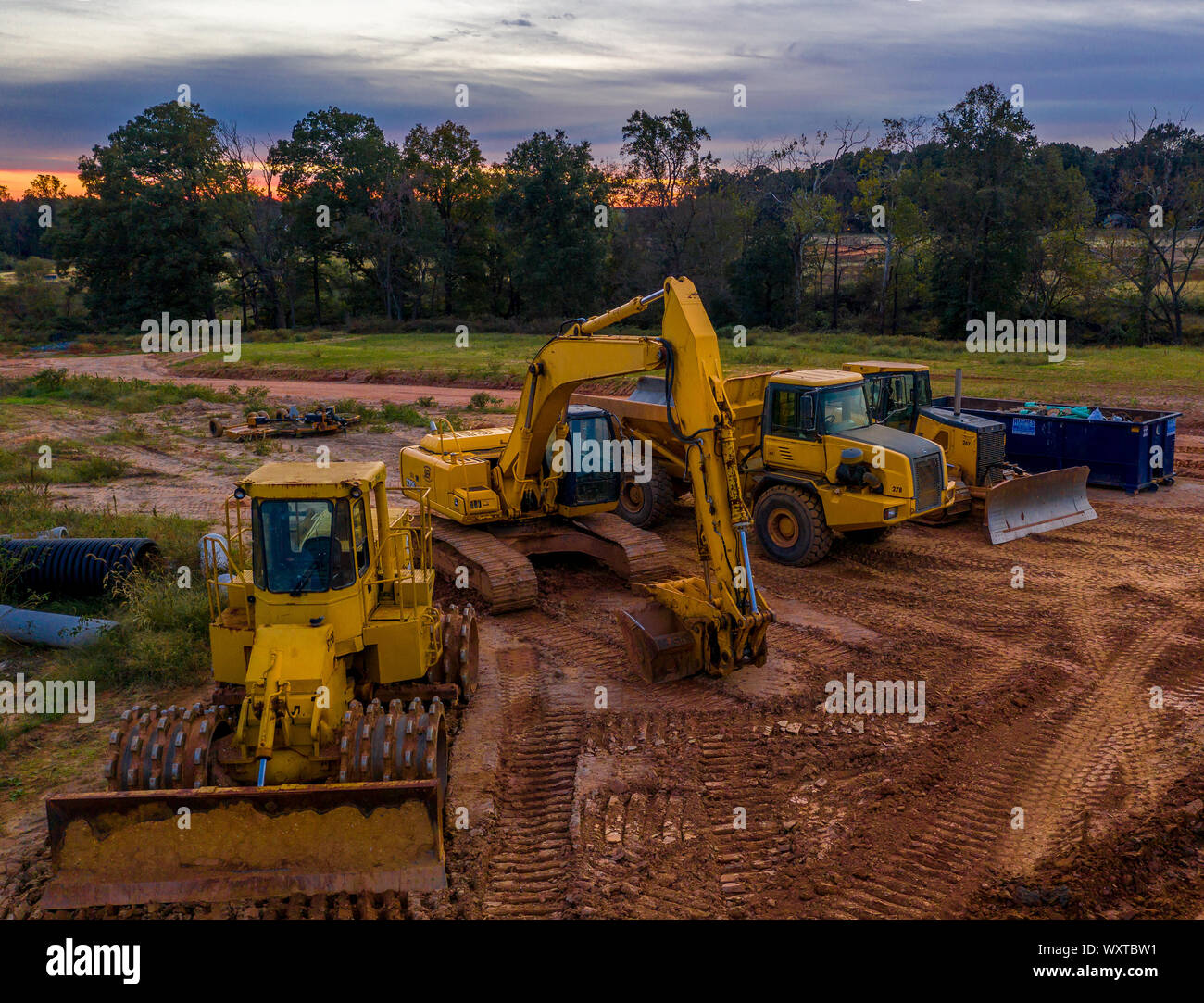 Yellow excavation bulldozer equipment at a construction site Stock Photo