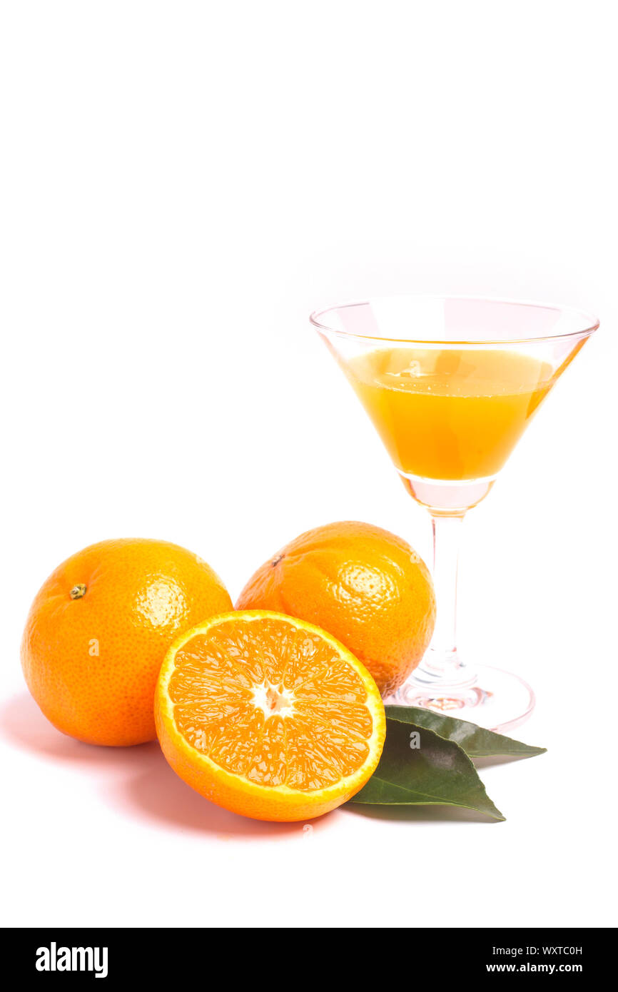 Fresh orange juice with fruits, isolated on white Stock Photo