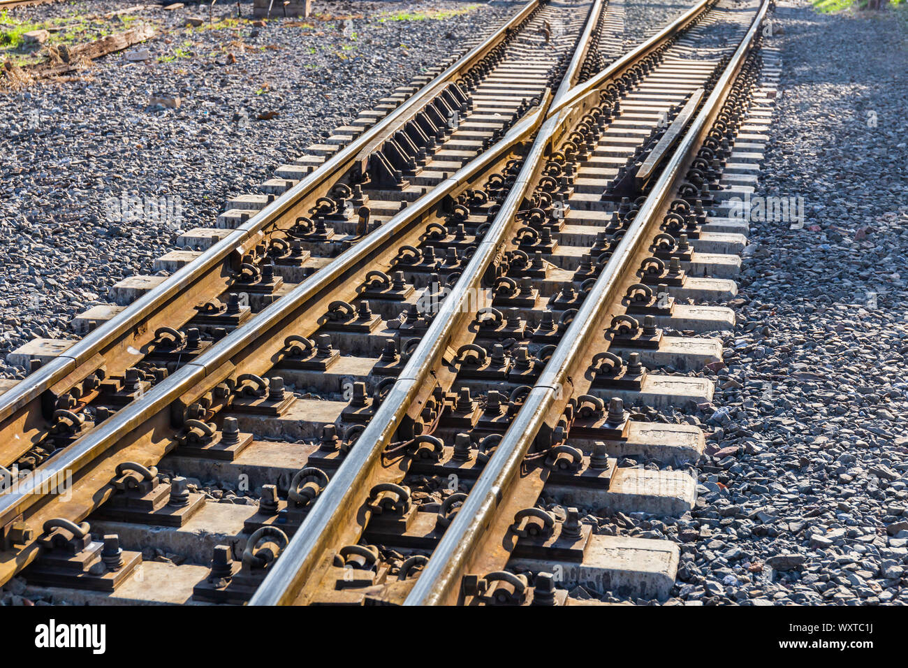 Train Tracks Rear Close up of redirection train or railroad tracks with cement backing In ...