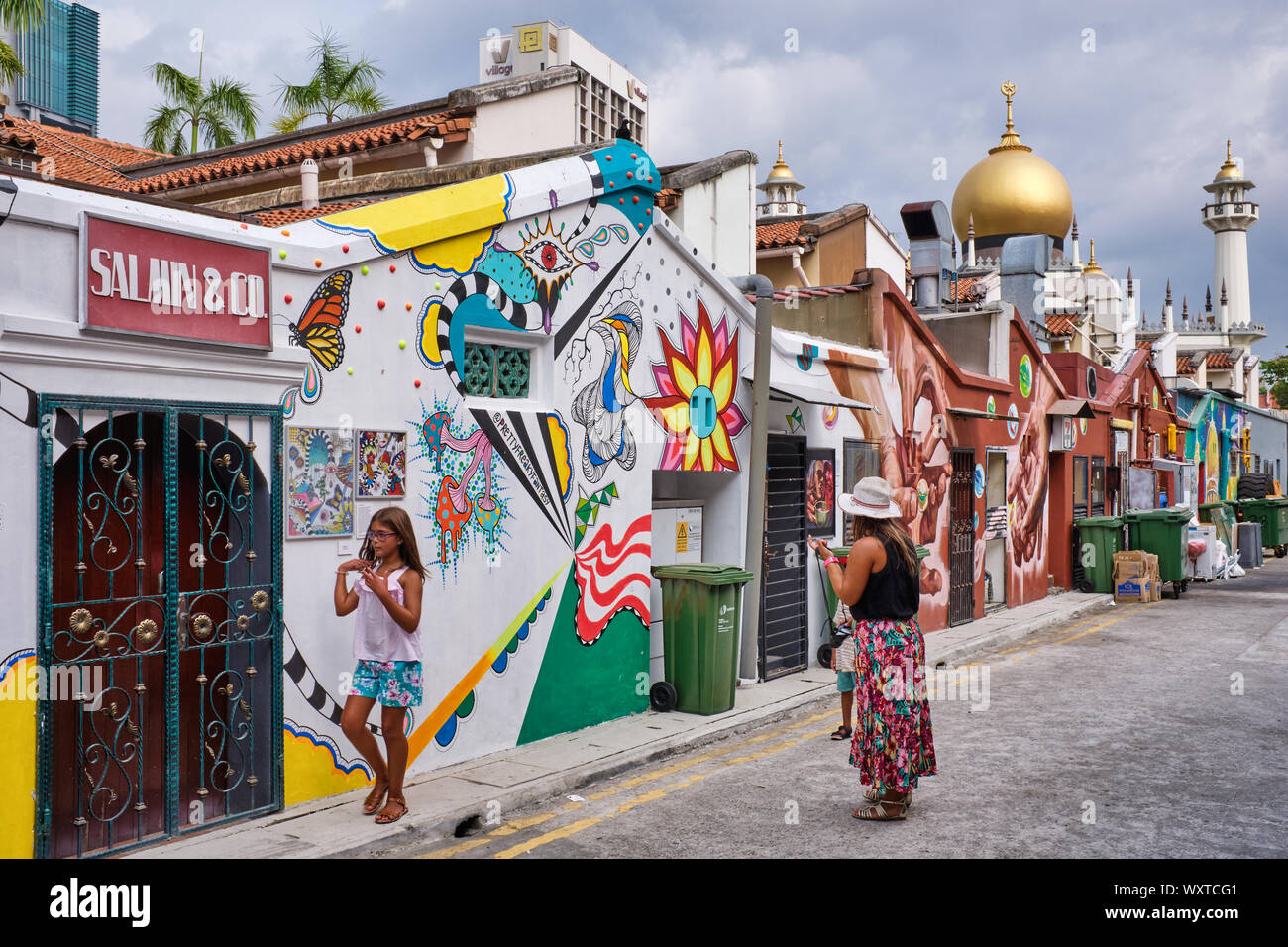 Tourists in a colorful back lane decorated with wall paintings, in Kampong  Glam area, Singapore, with the landmark Sultan Mosque in the background  Stock Photo - Alamy, image size:1300x956