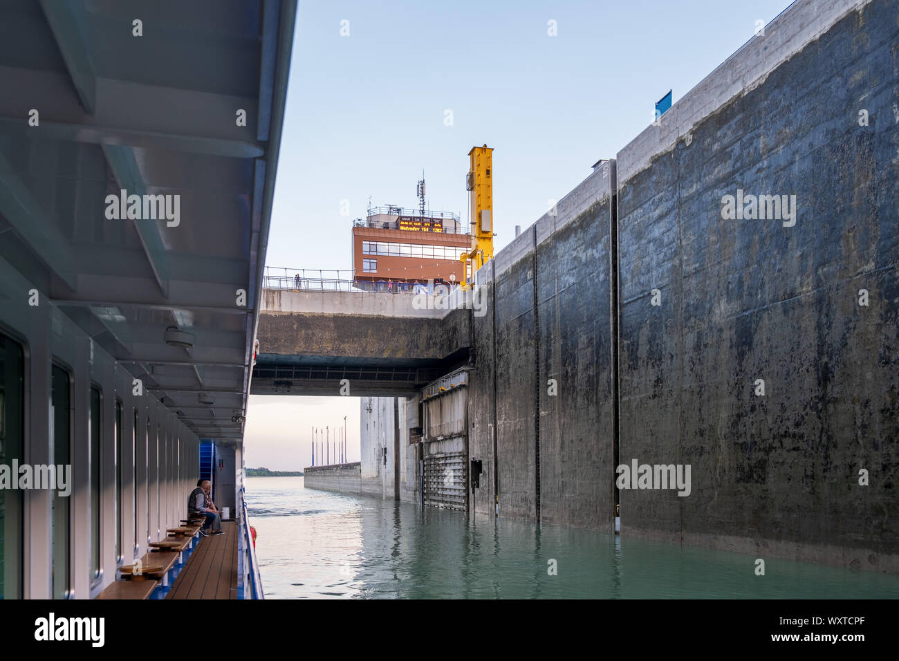 GABCIKOVO–NAGYMAROS DAM, DANUBE RIVER - AUGUST 20, 2019: Dams is a large barrage project. The project aimed at preventing catastrophic floods, improvi Stock Photo