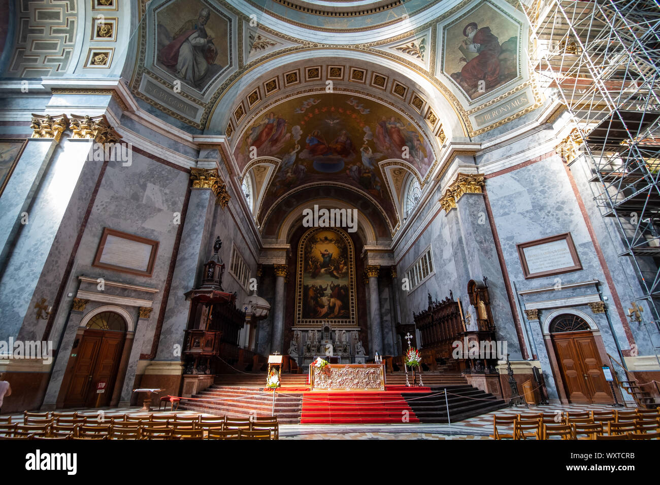 ESZTERGOM, HUNGARY - AUGUST 20, 2019: The Primatial Basilica of the Blessed Virgin Mary Assumed Into Heaven and St Adalbert. Temple interior Stock Photo