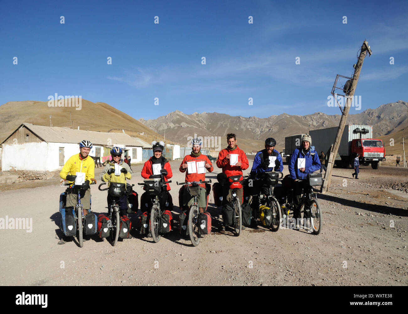 A group of Western cyclists on the Pamir Highway prepare to leave Sary ...