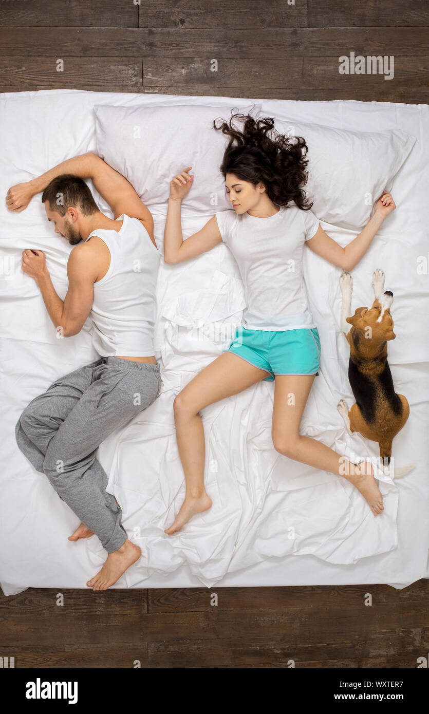 Young couple relaxation on the bed top view with a dog sleeping Stock Photo