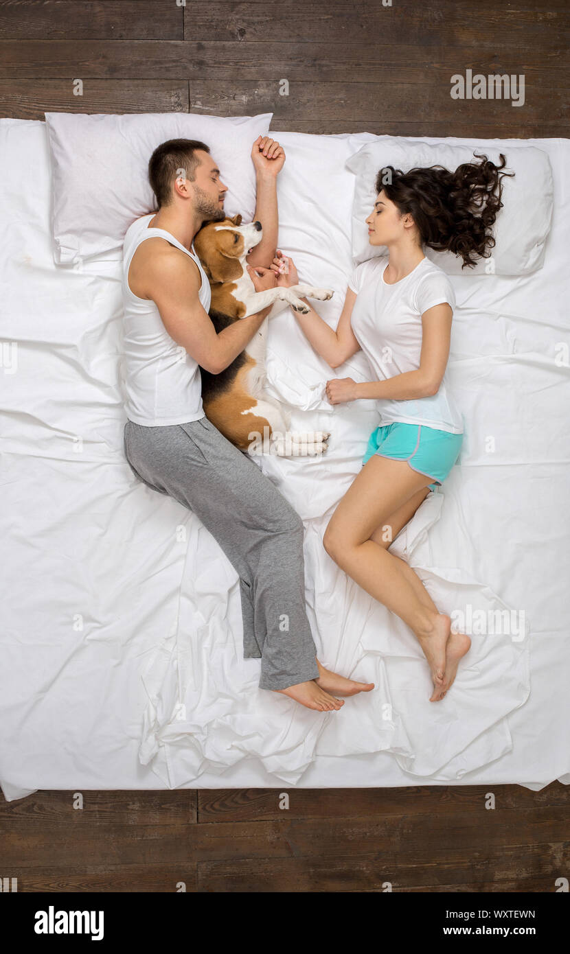 Young couple relaxation on the bed top view hugging dog sleeping Stock Photo
