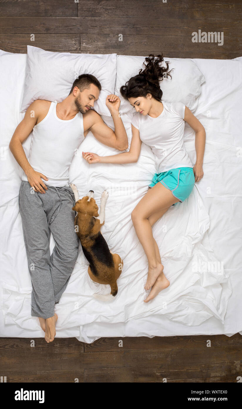 Young couple relaxation on the bed top view with a dog sleeping Stock Photo