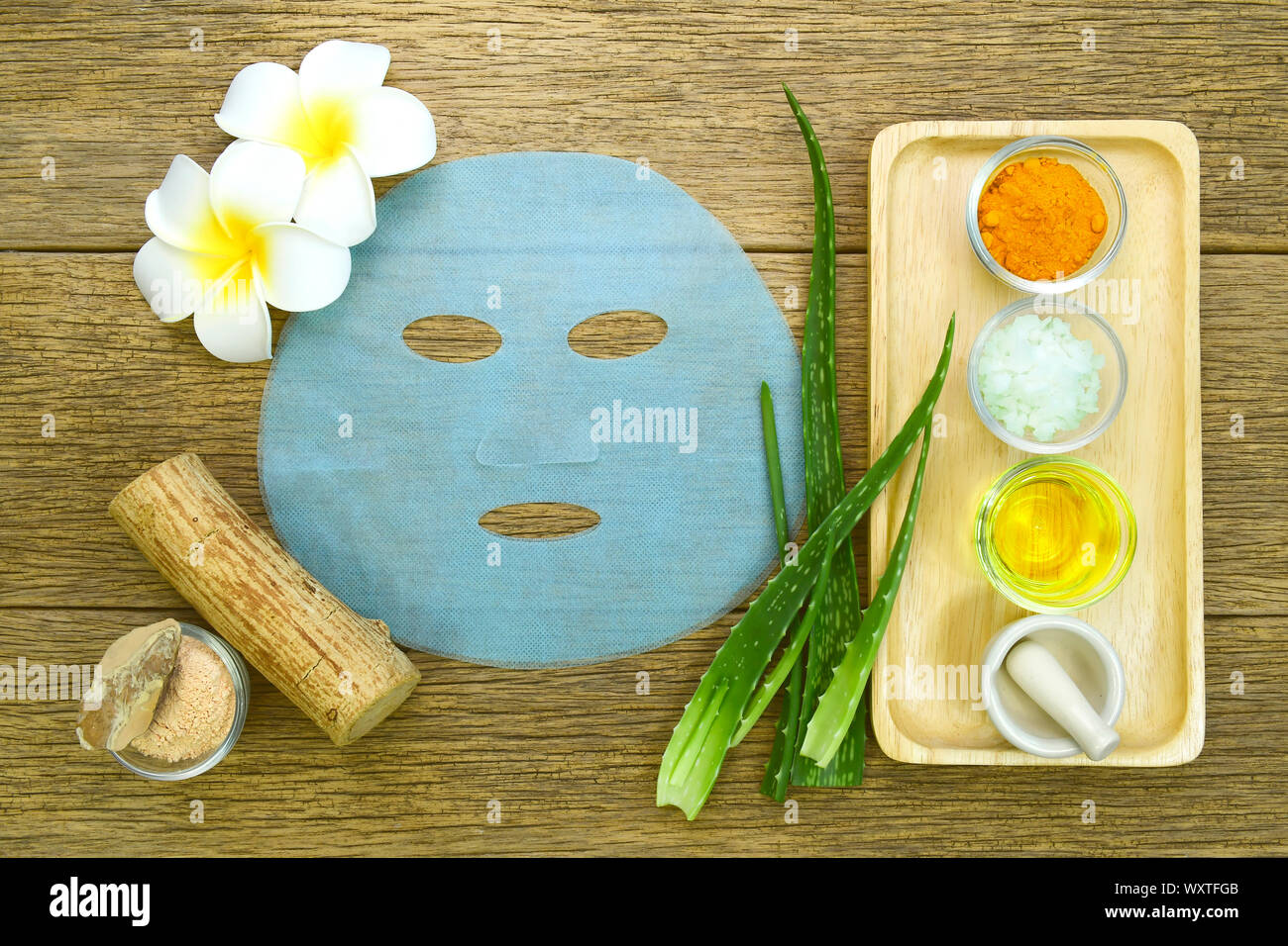 Facial treatment in Thai's spa style. Thai recipe for facial mask with Aloe Vera, Honey, Essential oil, mineral earth, Curmin powder and Tanaka. Stock Photo