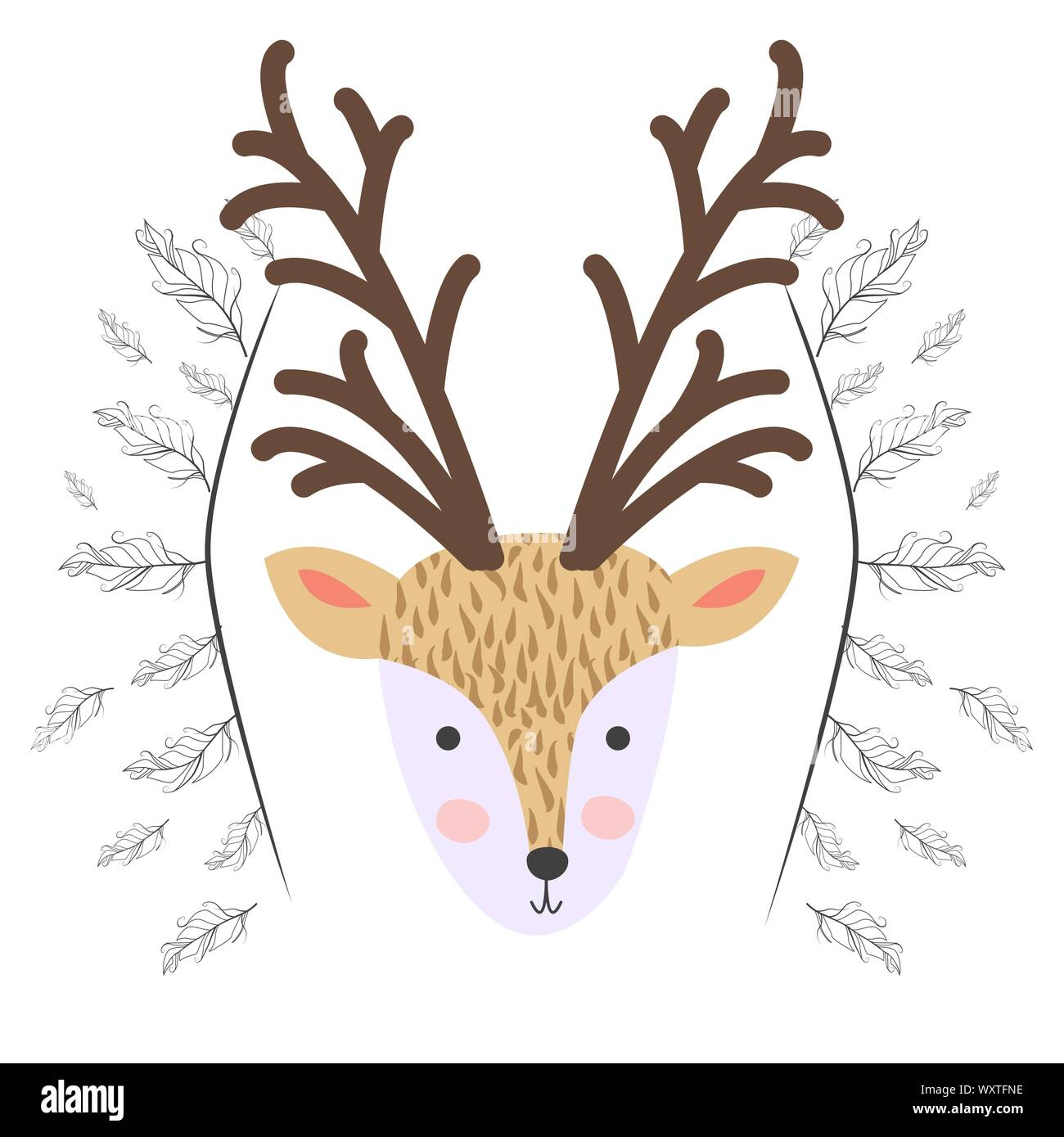 Hand drawn illustration of a cute tribal deer in headband with feathers ...