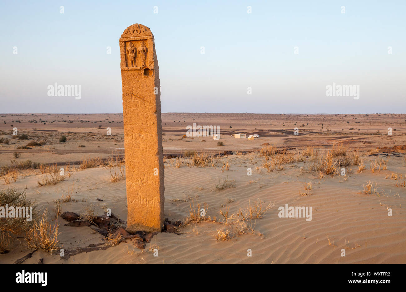 A Stone Marker On A Sandy Hill Above A Camp Which Is Part Of A Tourist Camel Trek In The Thar Desert Of Rajasthan India Stock Photo Alamy