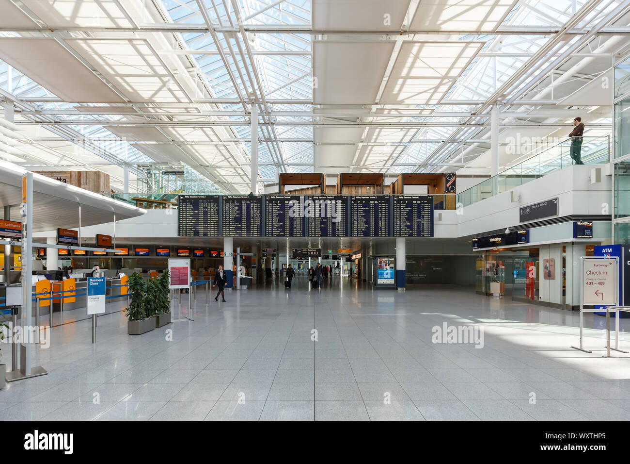 Munich, Germany – February 14, 2019: Lufthansa Terminal 2 of Munich airport (MUC) in Germany. Stock Photo