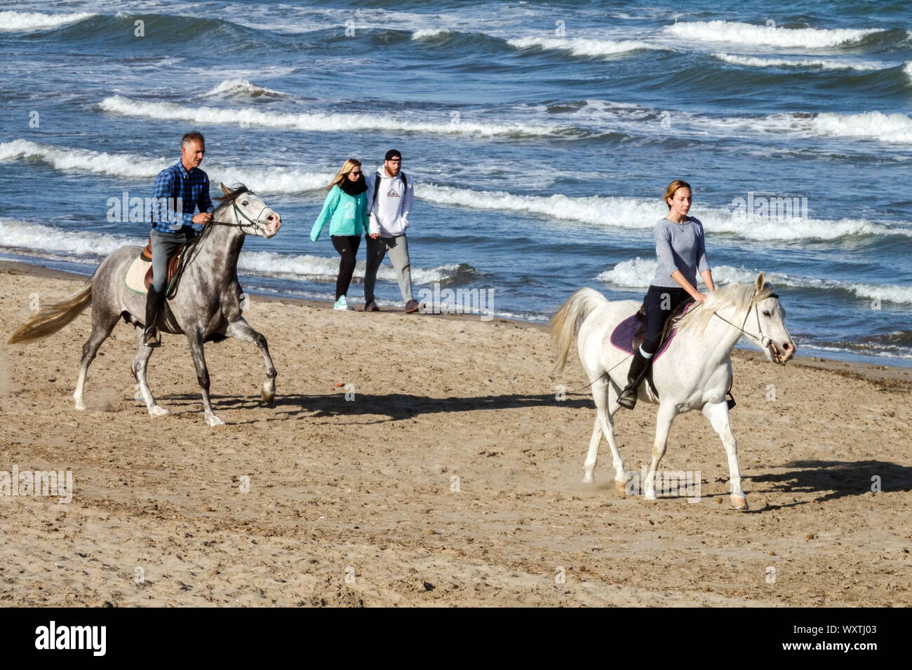 People Walking Beach Horse riders Seaside beach couple walking Stock Photo