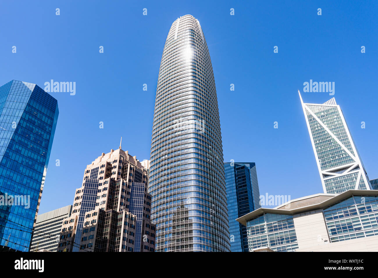 August 21, 2019 San Francisco / CA / USA - Salesforce tower rising above other skyscrapers and creating a new skyline in downtown San Francisco Stock Photo