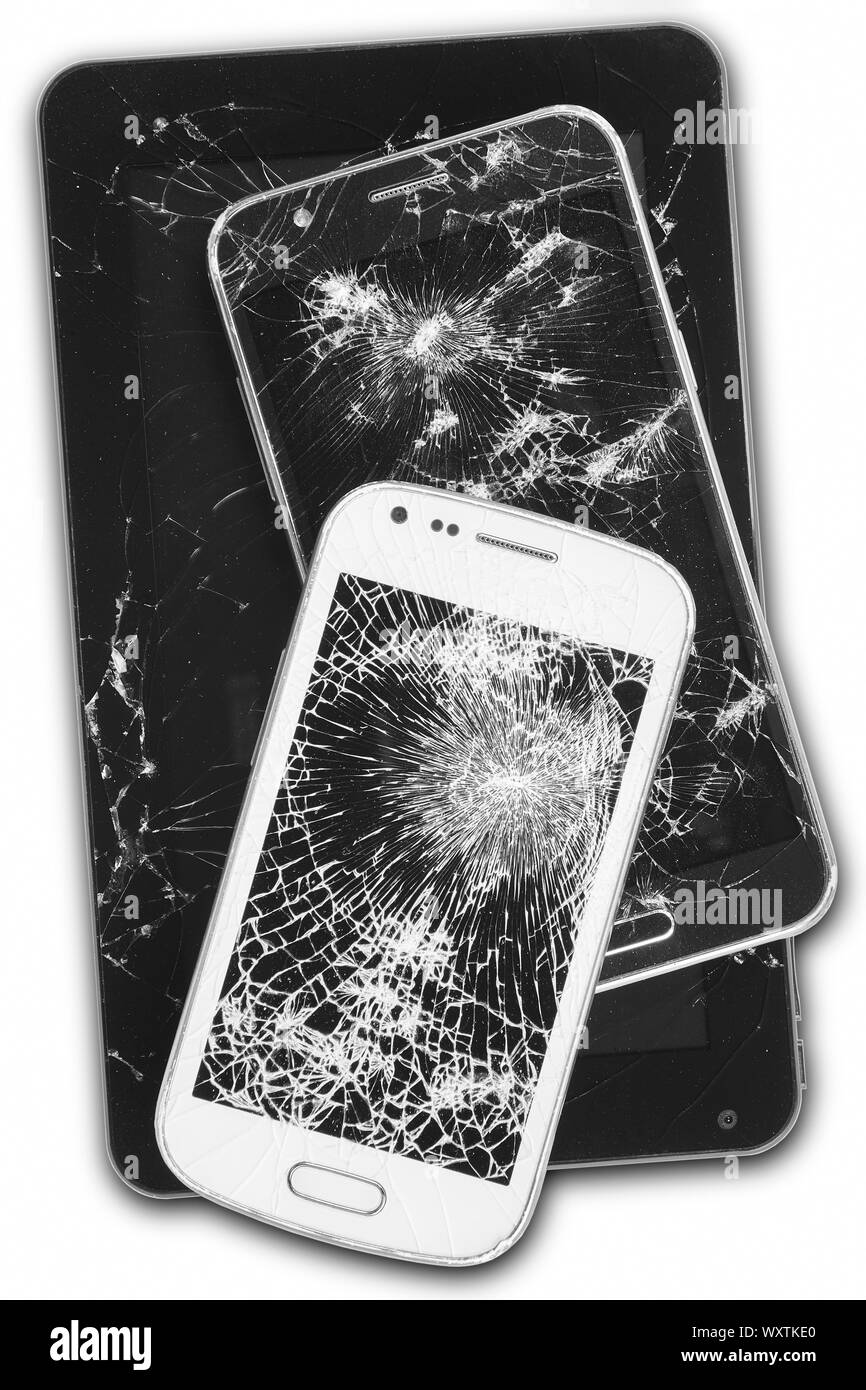Smartphones with damaged screens isolated on white. Repair equipment. Crash Stock Photo Alamy
