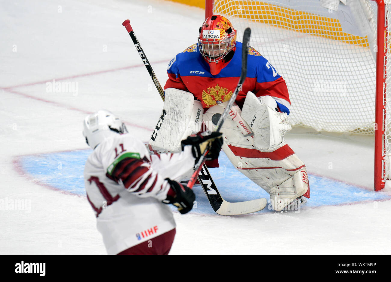 Latvia, Latvia. 17th Sep, 2019. Goalkeeper Yegor Guskov of Russia try to make save during the exhibition match between U-18 national ice hockey teams of Latvia and Russia in Riga, Latvia, Sept. 17, 2019. Credit: Edijs Palens/Xinhua Stock Photo